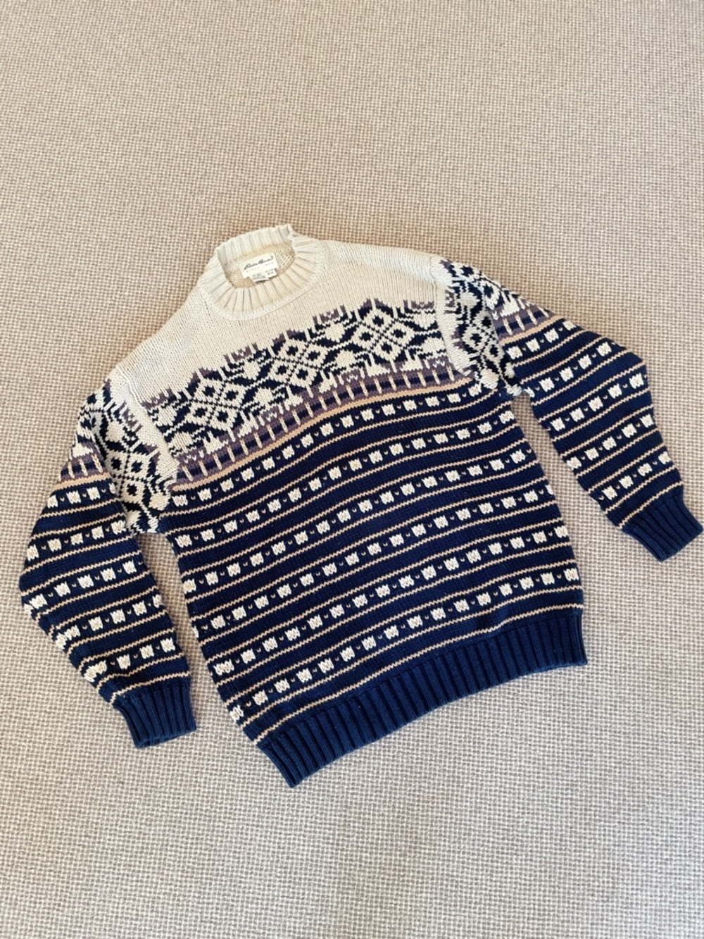 Vintage Eddie Bauer Men’s Fair Isle Nordic Cotton Sweater Navy Cream Size Medium - Picture 2 of 9